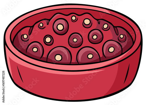Bowl of Reddish Food with Multiple Doughy Spheres Garnished with Cream Spots