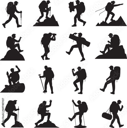 Collection Of Silhouettes Featuring Hikers With Backpacks And Trekking Poles Keywords: hiking