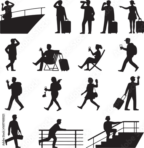 Silhouette collection of people traveling by boat or on a pier vector illustration