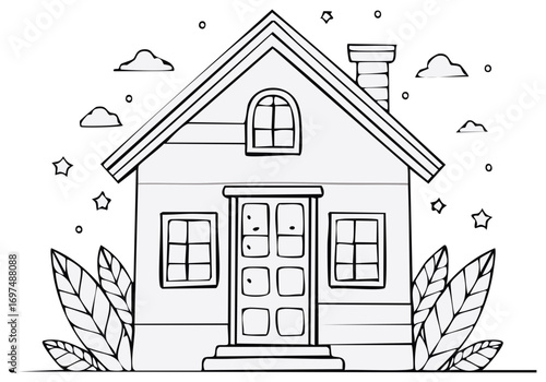 Hand drawn house illustration with clouds, stars, chimney, leaves, and windows. Home outline.
