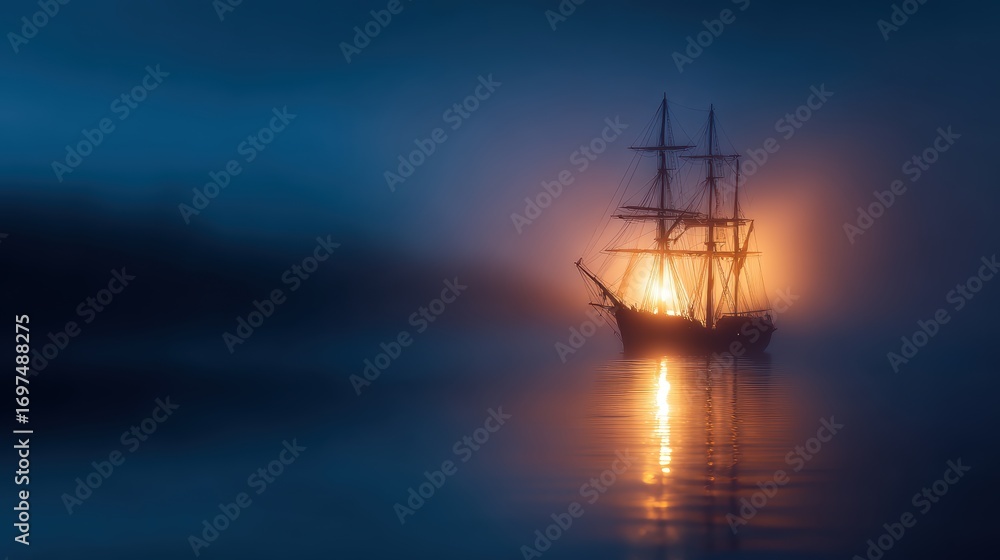 Fototapeta premium A majestic ship sailing through foggy waters at dawn, illuminated by a warm glow in the background