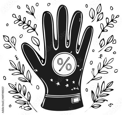 Discount Gloves with Percent Sign surrounded by Leafs in Line Art Style