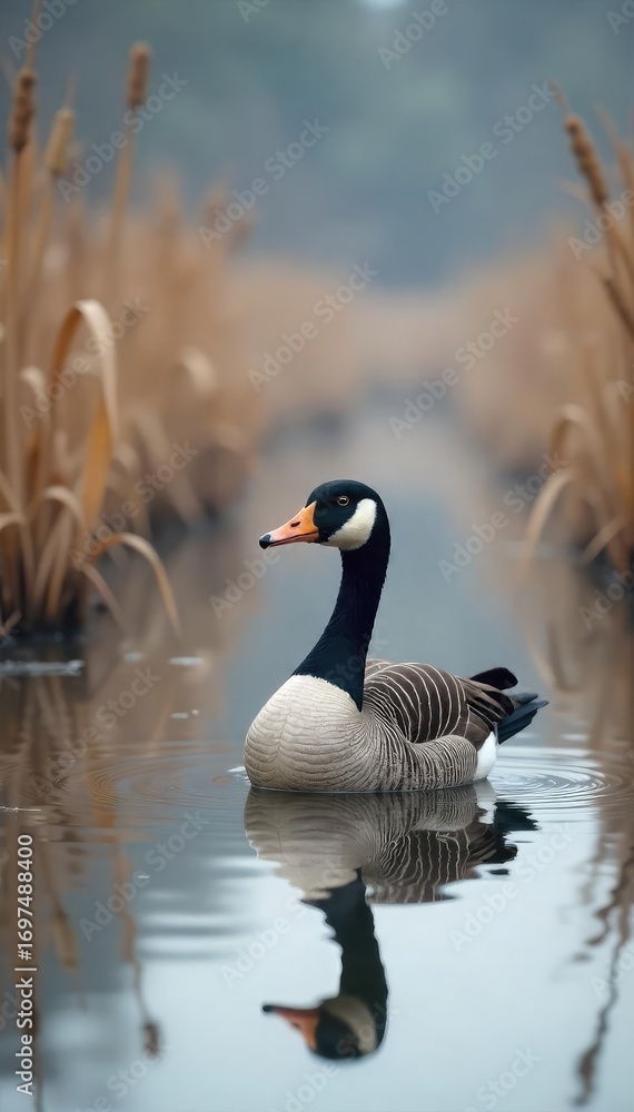 Obraz premium A lone goose decoy sits in a marsh, surrounded by cattails and early morning mist Ready for the hunt, the scene evokes the tranquility and challenge of waterfowl hunting , clouds, hunting season