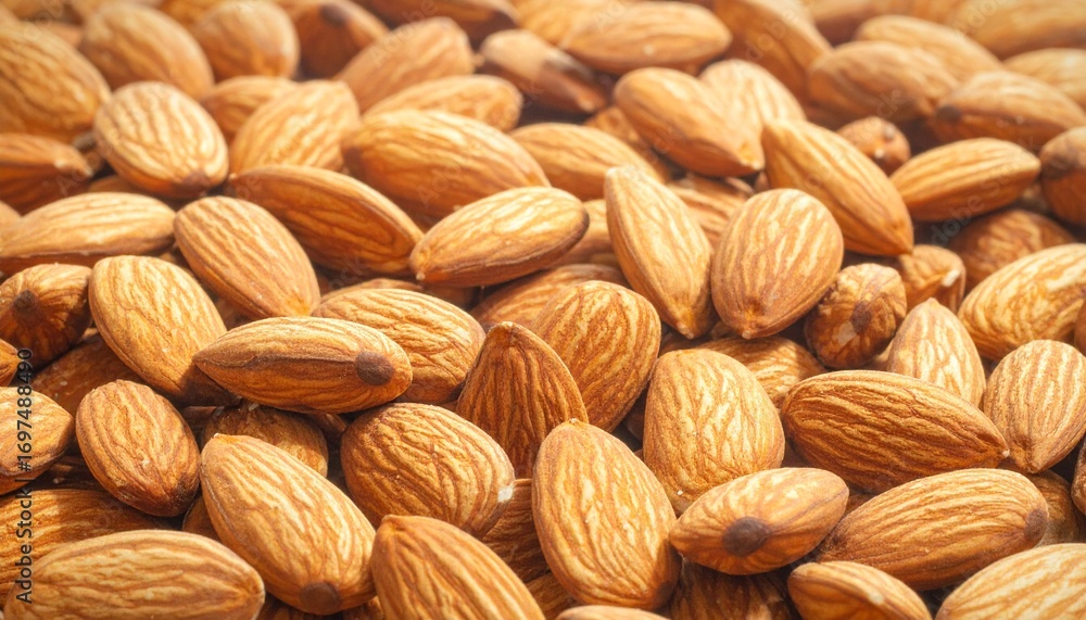 Fototapeta premium A close-up macro view of a pile of whole, raw almonds, creating a textured background for healthy eating and nutrition concepts
