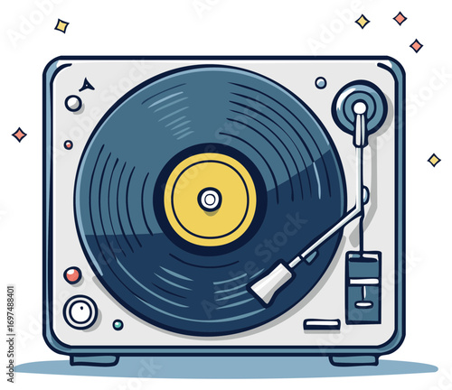 Retro turntable playing a vinyl record vector illustration. Vintage music player cartoon icon.