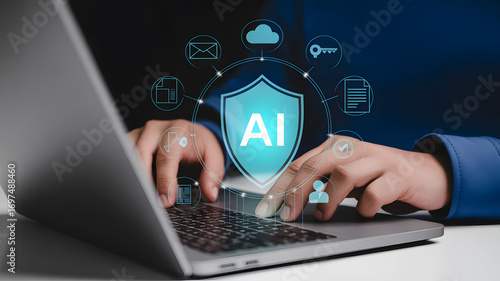 AI-Powered Cybersecurity: A close-up view of a professional hands typing on a sleek laptop.