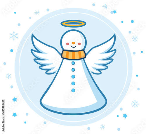 Cute snowman angel cartoon character with wings and halo in a winter snowflake scene