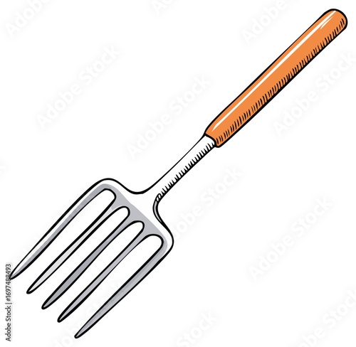 Hand drawn illustration of a garden fork with an orange handle