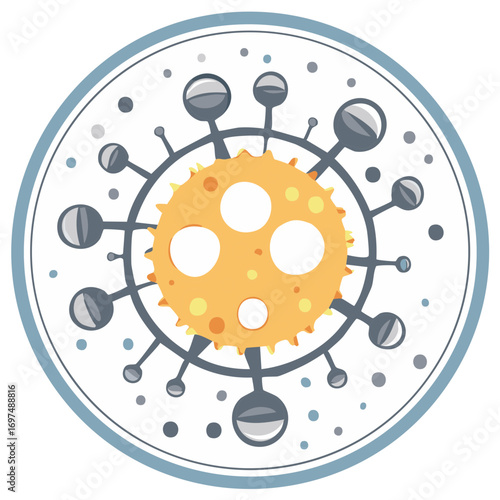Stylized illustration of a virus cell or microorganism under a microscope for scientific research and medical concepts
