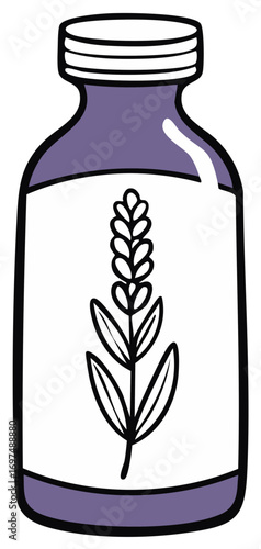 Purple bottle with lavender sprig label illustration on a white background