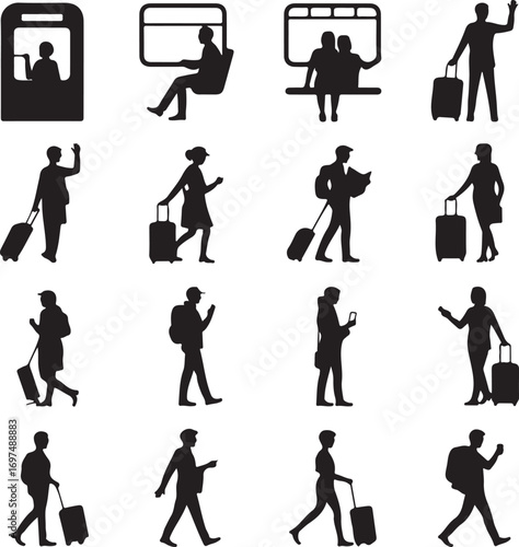 Silhouette collection of people traveling by train and walking carriage