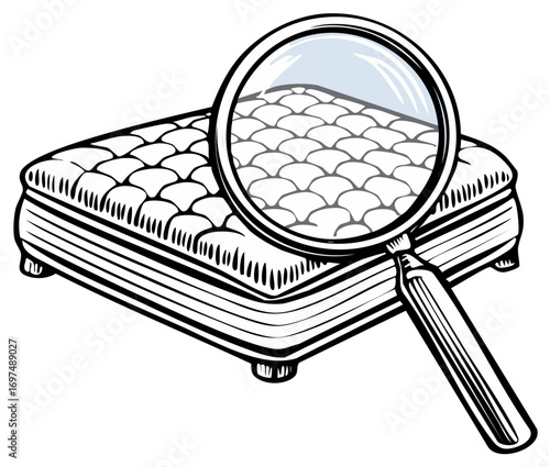 Magnifying glass examining comfortable quilted mattress for quality and detail
