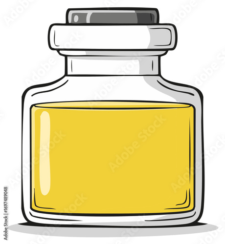 Cartoon illustration of a glass vial filled with yellow liquid, serum, or oil