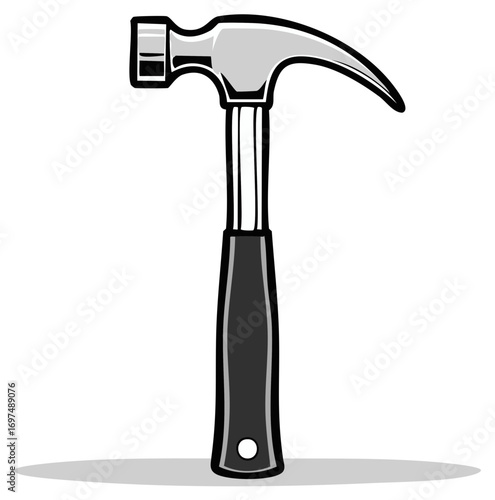 Claw Hammer Tool With Silver Head and Black Grip Illustrated on White