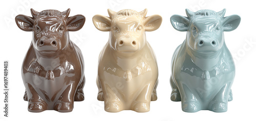 Colorful Ceramic Cow Figurines in Brown, Cream, and Blue Tones