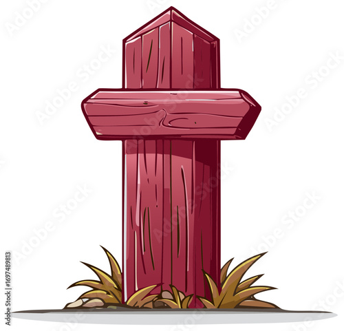 Wooden directional signpost with weathered planks pointing directions in grass
