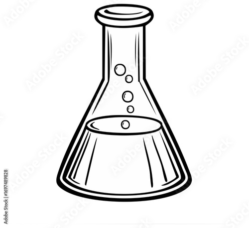 Erlenmeyer flask with liquid and bubbles, drawing style for science and laboratory.