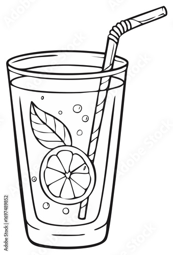 Lemonade in a glass with a straw outlined in black and white