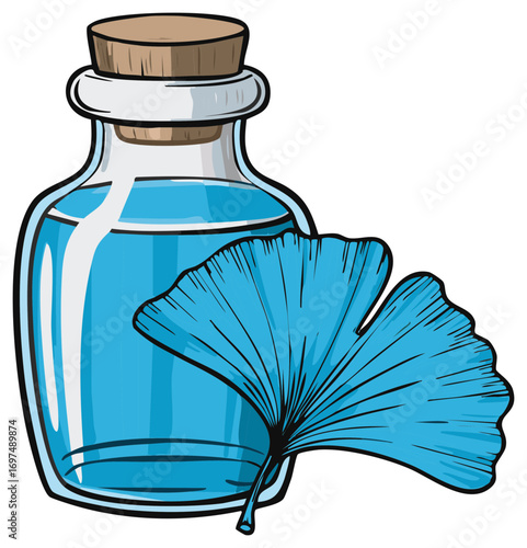 Ginkgo biloba leaf and bottle of blue herbal tincture or essential oil illustration