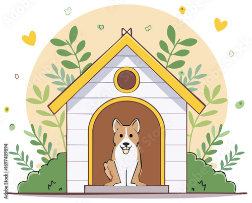 Smiling dog sits happily in front of a cute doghouse surrounded by greenery and hearts
