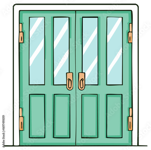 Vibrant hand drawn light green double door with glass panels and pull handles