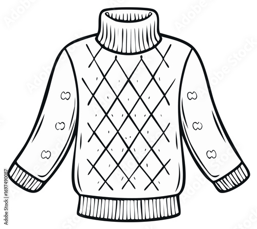 Hand drawn illustration of a warm cozy turtleneck sweater design in black and white