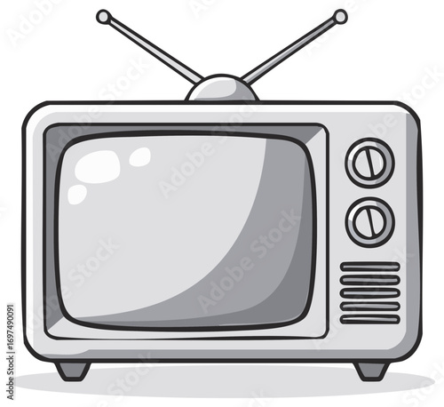 Retro Analog Television Set with Antennae Cartoon Illustration in Grayscale