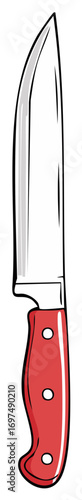 Stylized illustration of kitchen knife with curved silver blade and red handle secured by pins, cooking utensil clip art