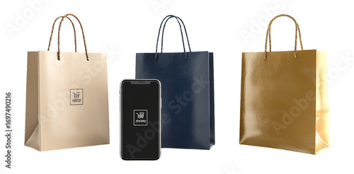 Stylish Paper Bags Displayed with a Smartphone and Minimalist Design