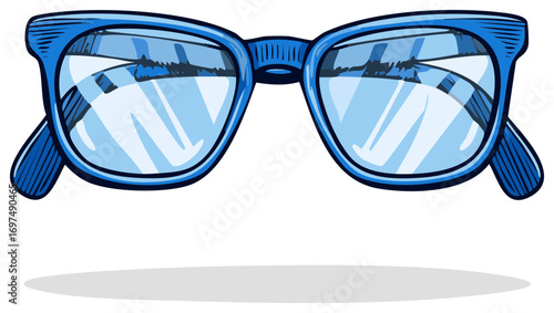 Blue framed sunglasses with reflective lenses in a stylish cartoon vector illustration for summer eye protection