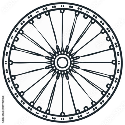 Detailed bicycle wheel drawing with spokes and outer circle dots in black and white, creating geometric pattern
