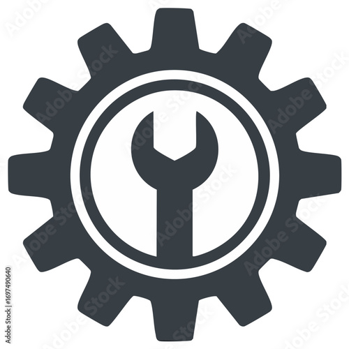 Symbol of a gear with a wrench, symbolizing settings, repair, maintenance, and machine work concepts.