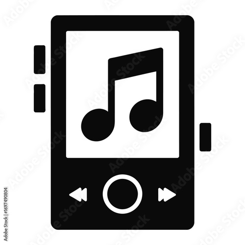Black and white icon of a portable music player with a musical note