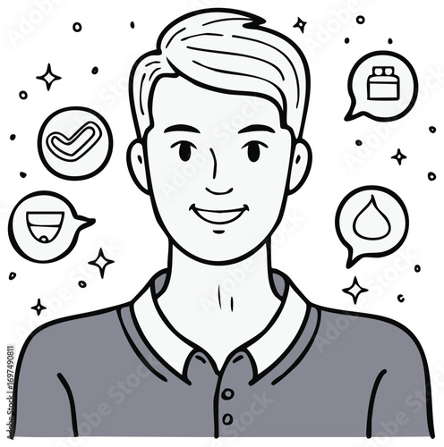 Smiling Man with Icons Illustration Shows Sleep, Thirst, Confidence and Dental Health