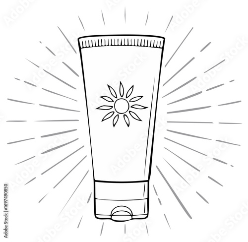 Doodle style sunscreen lotion tube drawing with sunburst rays vector illustration for sun protection and summer skincare