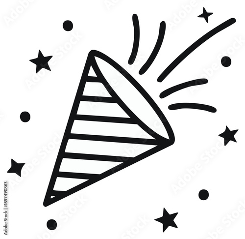 Hand drawn party popper icon exploding with confetti and stars for a celebration or holiday