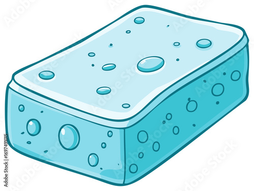 Clean Blue Sponge with Bubbles and Water Droplets Isolated