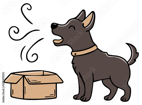 Cartoon Dog Barking at Empty Cardboard Box with Sound Waves Animal Behavior Communication Line Art Drawing