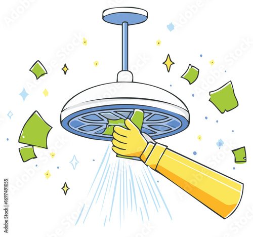 Cartoon Hand in Glove Cleans Ceiling Light Fixture, Spraying Water, Sparkling Cleanliness