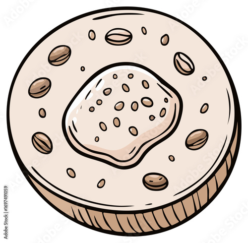 Appetizing cartoon flatbread illustration with creamy center and scattered seeds food art