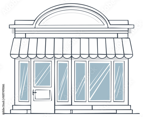 Stylized Storefront Illustration with Awning Window Display and Outline Detailing