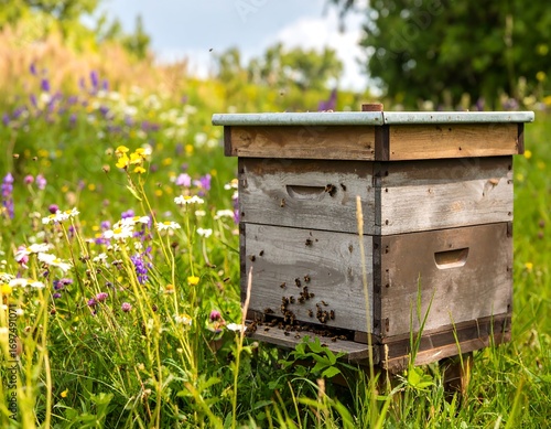 Wooden beehive in a vibrant meadow