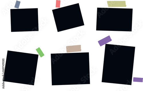Six dark frames are attached by colorful tape pieces on a white background