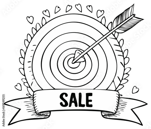 Arrow hitting bullseye on target with sale banner and hearts drawing