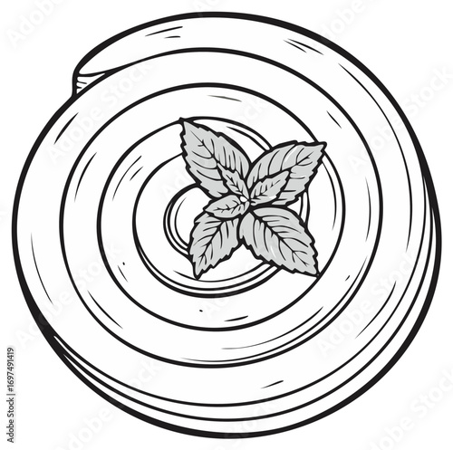 Pasta nest with a sprig of mint on a white plate. Hand drawn graphic illustration.