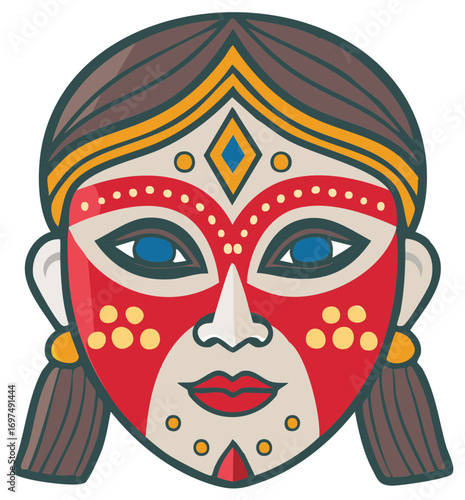 Vibrant Tribal Mask Face with Intricate Pattern and Red Accents