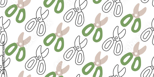 Seamless flat style gardening pattern with pruners in color and outline. Minimalist spring background for textile, wrapping, wallpaper, DIY projects and coloring pages.