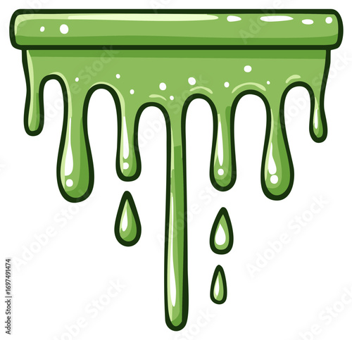 Gooey green slime with drips and bubbles oozing down cartoon vector illustration