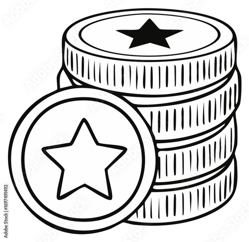 Stack of coins with star symbol drawn in simple line art style for concept of reward or currency