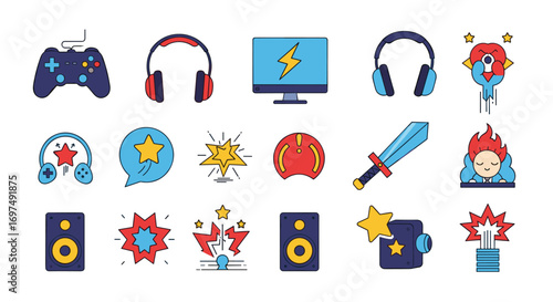 Collection of digital game icons featuring controllers audio devices and action graphics for entertainment platforms